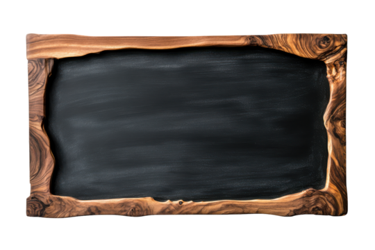 Rough textured dark rectangular object isolated on transparent background. Horizontal black chalkboard with a wooden frame isolated on white background.