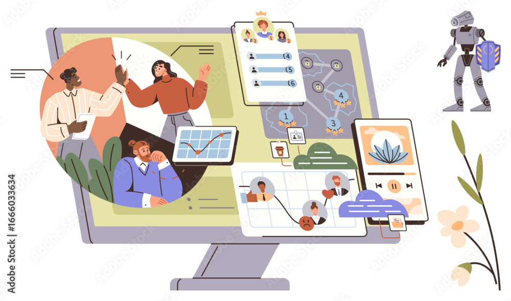 Poster computer screen displaying teamwork, data visualization, ai, task management, communication tools, a