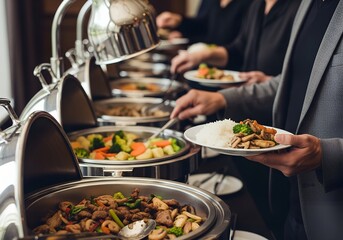 Guests serving themselves diverse dishes from a professional buffet.