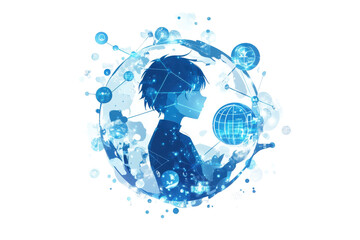 Futuristic person in a digital sphere with glowing connections isolated on transparent background. Globe and interconnected icons in blue hues isolated on white background.