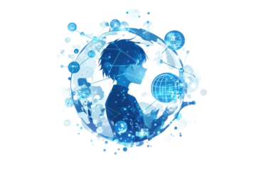 Futuristic person in a digital sphere with glowing connections isolated on transparent background. Globe and interconnected icons in blue hues isolated on white background.