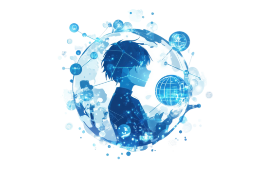 Futuristic person in a digital sphere with glowing connections isolated on transparent background. Globe and interconnected icons in blue hues isolated on white background.