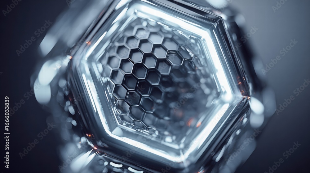 Poster intricate geometric artwork featuring a glowing hexagonal pattern and metallic surfaces with modern 