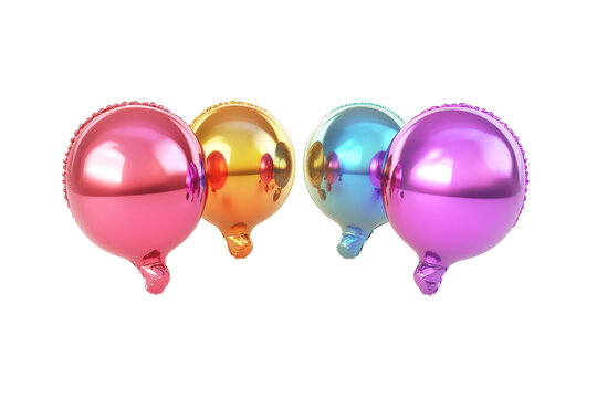 Four colorful metallic oval balloons isolated on transparent background. Inflatable metallic speech bubbles with vibrant gradient colors displayed on a white background, 3D Rendering.