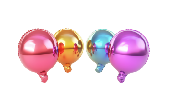 Four colorful metallic oval balloons isolated on transparent background. Inflatable metallic speech bubbles with vibrant gradient colors displayed on a white background, 3D Rendering.
