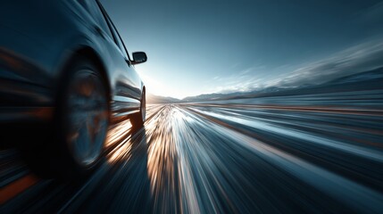 Obraz premium Luxury car driving fast along coastal highway, dynamic perspective, wide ocean view, motion blur, dramatic natural lighting, cinematic powerful composition