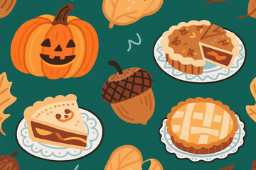 Pumpkin, pie, and acorn hand-drawn seamless illustration.