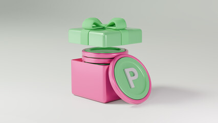 동전이나 포인트가 들어가 있는 리본이 장식되어 있는 선물 상자