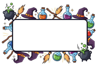 Witchcraft Frame PNG on Transparent Background. Broomsticks, Cauldrons, Magic Potions, and Wizard Hats &ndash; Halloween Theme, Cartoon Style, Festive Border, Magical Decor, Transparent Overlay