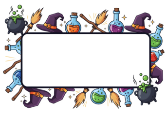 Witchcraft Frame PNG on Transparent Background. Broomsticks, Cauldrons, Magic Potions, and Wizard Hats – Halloween Theme, Cartoon Style, Festive Border, Magical Decor, Transparent Overlay
