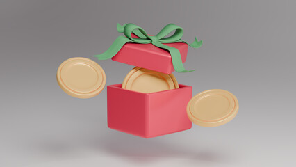 리본이 장식되어 있는 깜짝 생일 선물 상자와 공중에 떠 있는 골드 동전