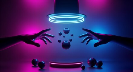 Futuristic hands reaching for glowing digital orbs in neon light