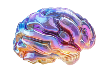 Abstract colorful crystal brain sculpture isolated on transparent background. Iridescent brain icon in gradient colors isolated on white background, 3d rendering.