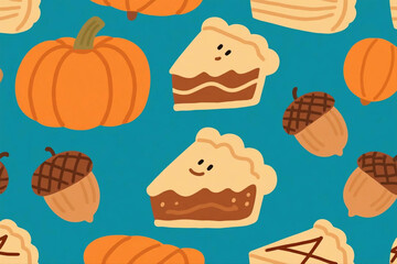 Pumpkin, pie, and acorn hand-drawn seamless illustration.