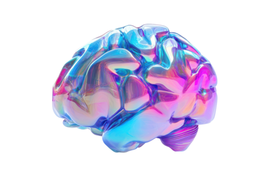 Abstract colorful crystal brain sculpture isolated on transparent background. Iridescent brain icon in gradient colors isolated on white background, 3d rendering. - Powered by Adobe