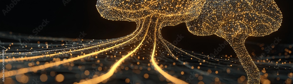 Poster abstract 3d render of luminous neural pathways, data flow concept, space for text