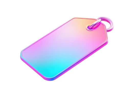 Iridescent geometric tag with metal ring isolated on transparent background. Pastel price tag icon with a glossy finish and vibrant colors isolated on white background.