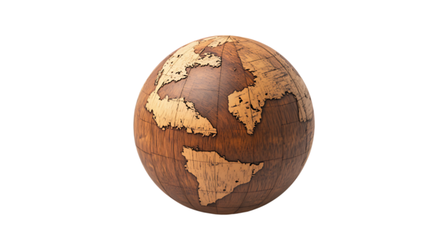 Crafted wooden earth globe isolated on transparent background