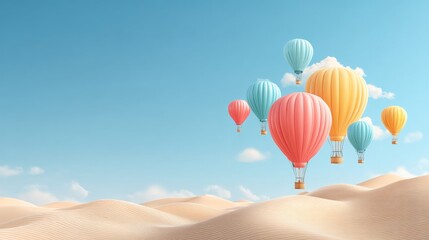Flat illustration of colorful hot air balloons over desert dunes, clear sky, bright pastel colors, minimal shadows, ample blank space, Albuquerque International Balloon Fiesta