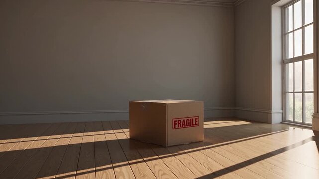 A solitary, unadorned cardboard box labeled 'FRAGILE' rests in a sunlit, empty room, emphasizing isolation and anticipation of potential contents yet to be revealed.