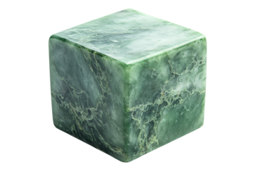 Green jade stone cube isolated on transparent background. Jade cube with intricate patterns showcasing vibrant green hues isolated on white background, 3d rendering.