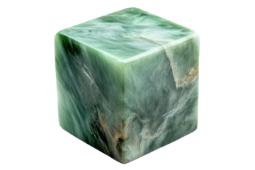 Green jade stone cube isolated on transparent background. Jade cube with intricate patterns showcasing vibrant green hues isolated on white background, 3d rendering.