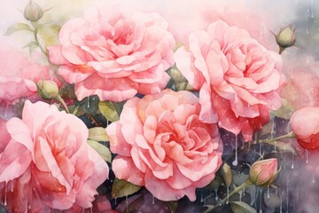 Rose garden in rain painting blossom flower.