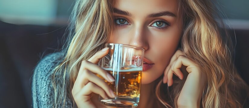 Young woman drinking alcohol alone in her apartment, alcoholism, depression concept