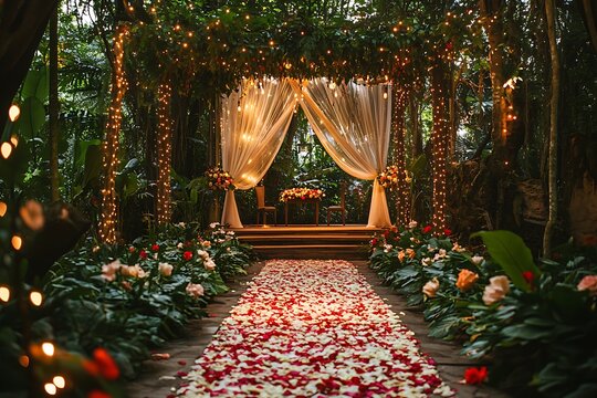 A wedding ceremony in a garden with petals lining the aisle.