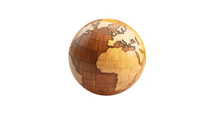 Wooden shape earth globe isolated on transparent background