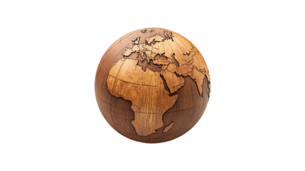Wooden world globe isolated on transparent background