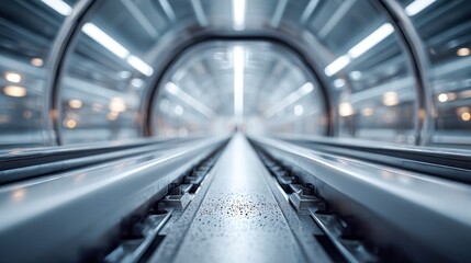 Looking down a tunnel, with a metallic railroad in the foreground and converging lines