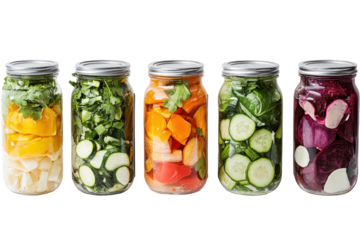 Glass jars filled with colorful pickled vegetables isolated on transparent background. Jars of pickled vegetables featuring a variety of colorful preserved vegetables isolated on white background.