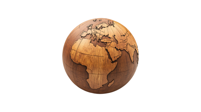 Wooden world globe isolated on transparent background