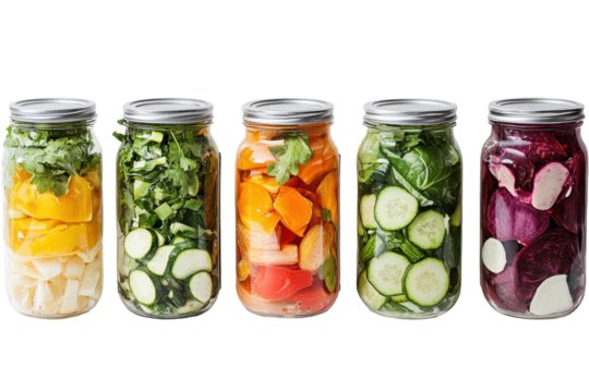 Glass jars filled with colorful pickled vegetables isolated on transparent background. Jars of pickled vegetables featuring a variety of colorful preserved vegetables isolated on white background.