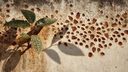Small plant sprouts from pitted wall, casting shadow