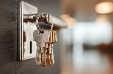 Keys hanging on a door handle indoors, shallow depth of field