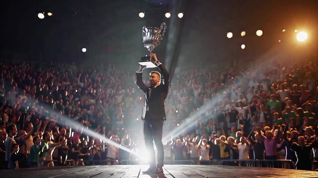 A Triumph Celebrated: A Champion Raises the Trophy Amidst a Roaring Crowd, Illuminated by Spectacular Lights in a Moment of Glory