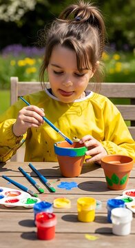 Child painting terracotta pots outdoors