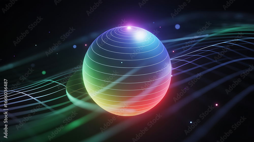 Aufkleber dynamic glowing sphere with vibrant colors and abstract flowing lines on dark background
