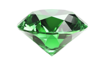Green emerald gemstone faceted cut isolated on transparent background. Stunning gemstone features a rich green hue isolated on white background.