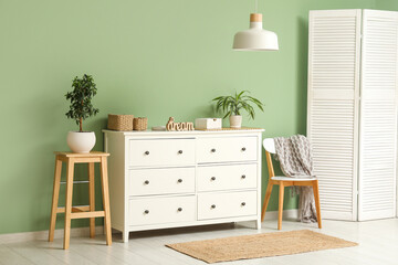 White chest of drawers with houseplant, chair and folding screen near green wall in room