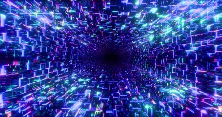 Futuristic glowing neon reflective waving cube background. Shining multicolor geometric lines inside corridor in perspective. Bright retro digital cyberspace. 3D rendering.