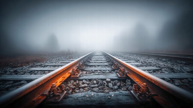 Railway tracks lead into the misty distance, creating a mysterious and evocative scene.