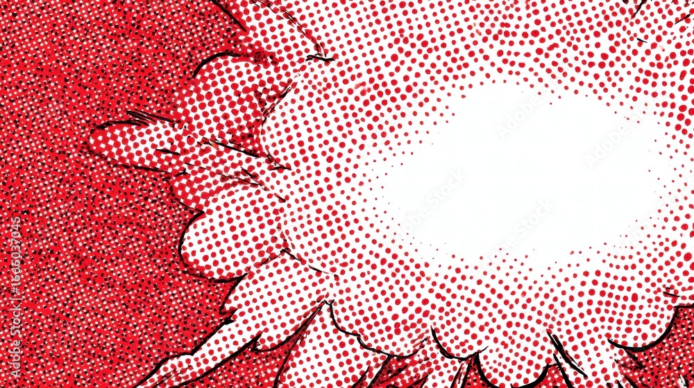 Poster a vibrant pop art explosion with halftone dots and a red and white color scheme.
