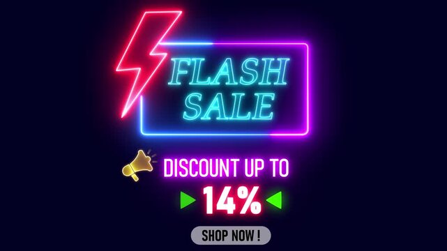Flash sale neon sign glowing in pink and blue, 14% discount shopping banner for promo videos, clearance events, social media marketing and great deal offers,