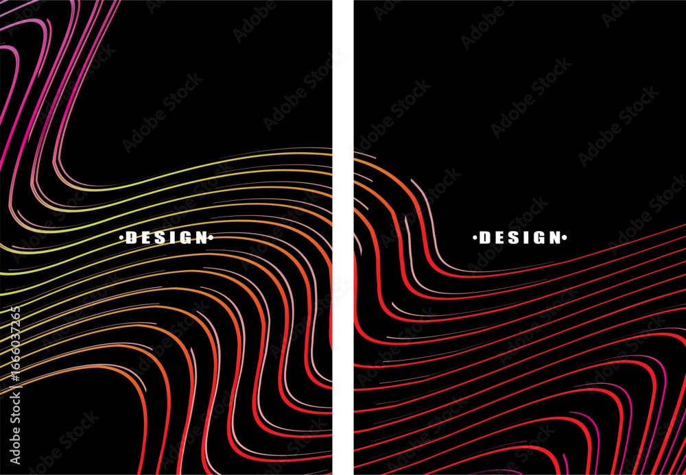 Poster a set of dark themed abstract vector backgrounds featuring a dynamic flowing wave pattern consisting