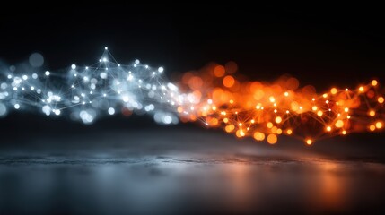 Abstract glowing streams of light, cool and warm tones, intersect and reflect on dark surface