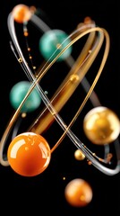 Abstract spheres orbiting in dynamic rings against a black background