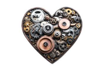 Steampunk heart made of gears and clockwork isolated on transparent background. Inspired heart made of gears cogs and mechanical parts isolated on white background.